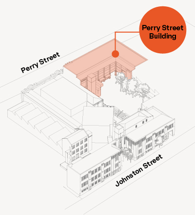 A diagram showing the layout of Collingwood Yards, identifying the Perry Street Building at the south and southw est boundary of the site